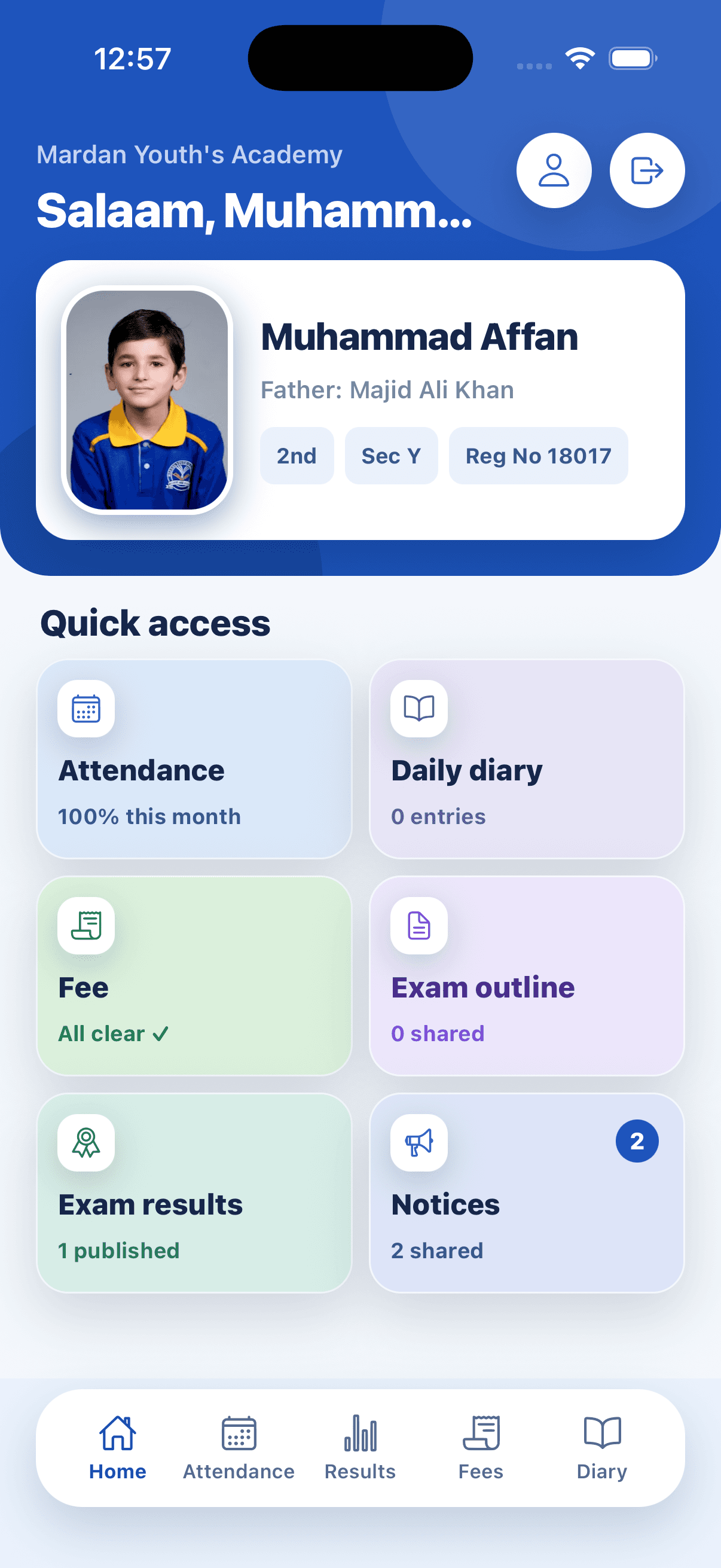 MYA parent app home screen showing attendance, fees, exam results and school notices at a glance
